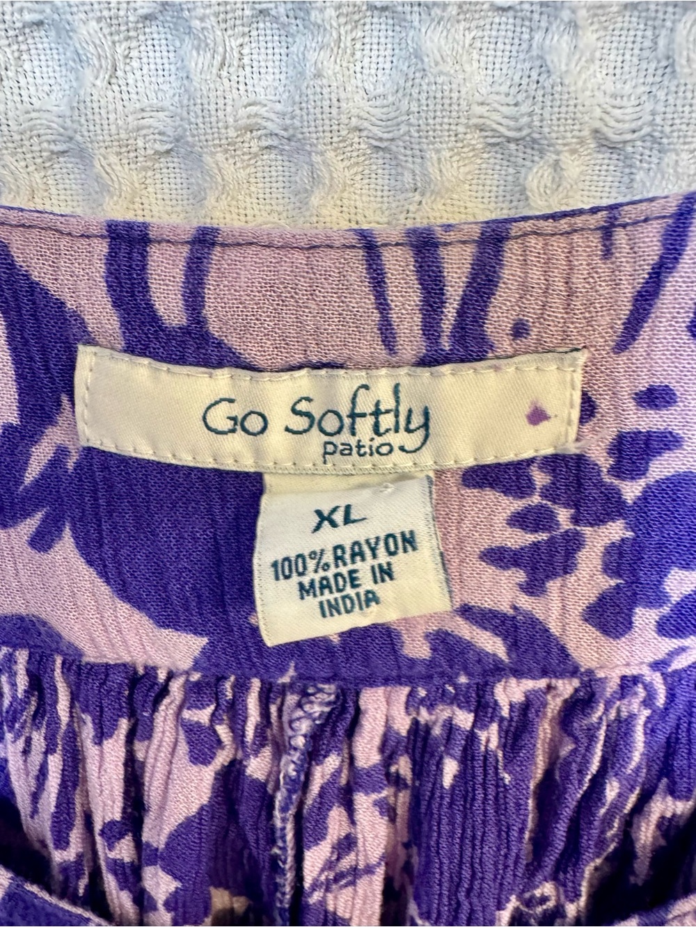 Go Softly Patio Dress XL Purple Blue Floral Crinkle Rayon Button Front Midi - Picture 3 of 4